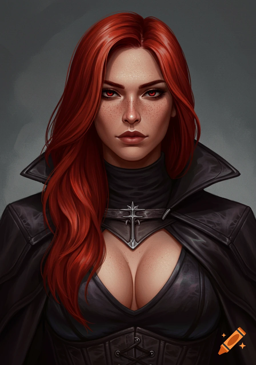A portrait of a red-haired woman with red eyes, freckles, wearing a black cloak and top, looking intensely forward.