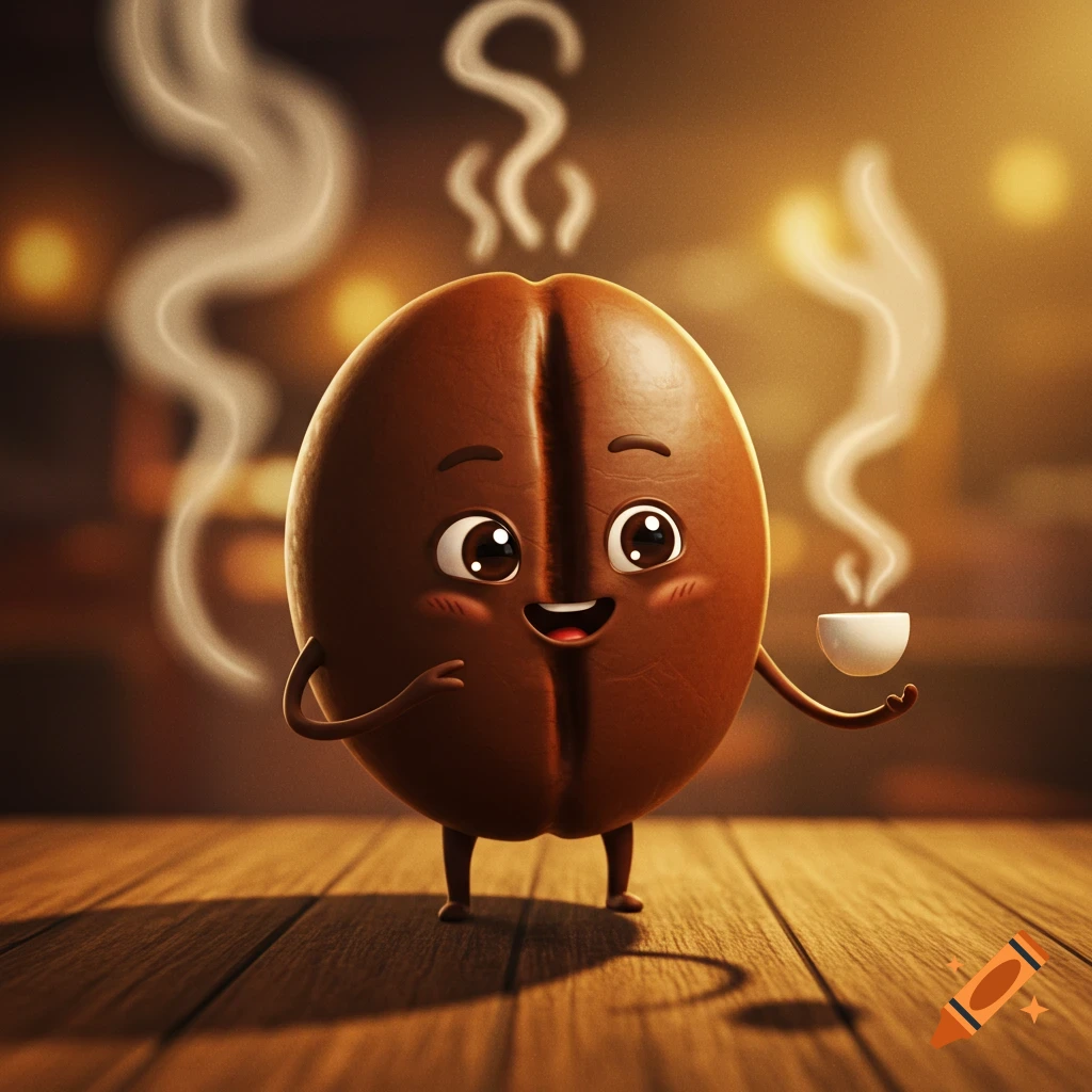 A cute, smiling, anthropomorphic coffee bean character holds a tiny steaming cup on a wooden floor, with a warm, glowing background.