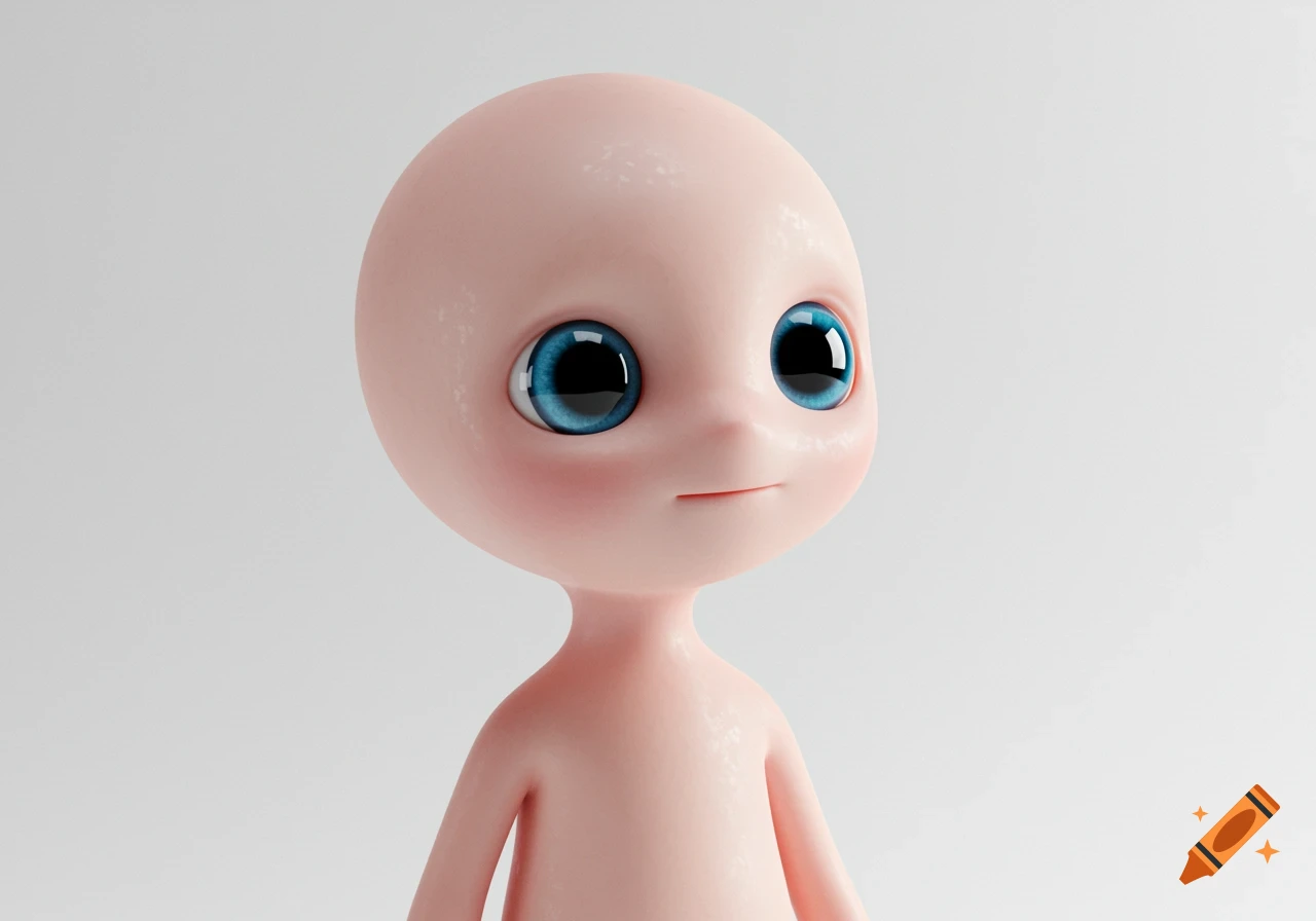 A cute, bald, light pink alien-like creature with large blue eyes on a white background, in a simple cartoon style.