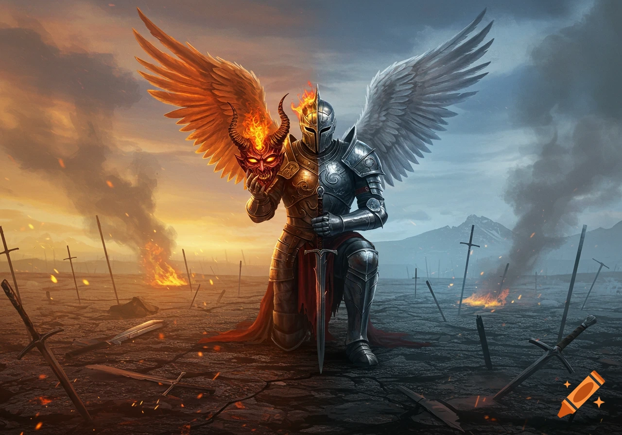 A knight with one angel wing and one fiery demon wing kneels on a battle-scarred field, holding a flaming demonic mask.
