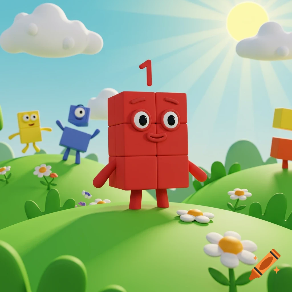 A red block character with the number one above its head stands on a green hill with flowers, while other block characters are in the background under a sunny sky in a 3D cartoon style.