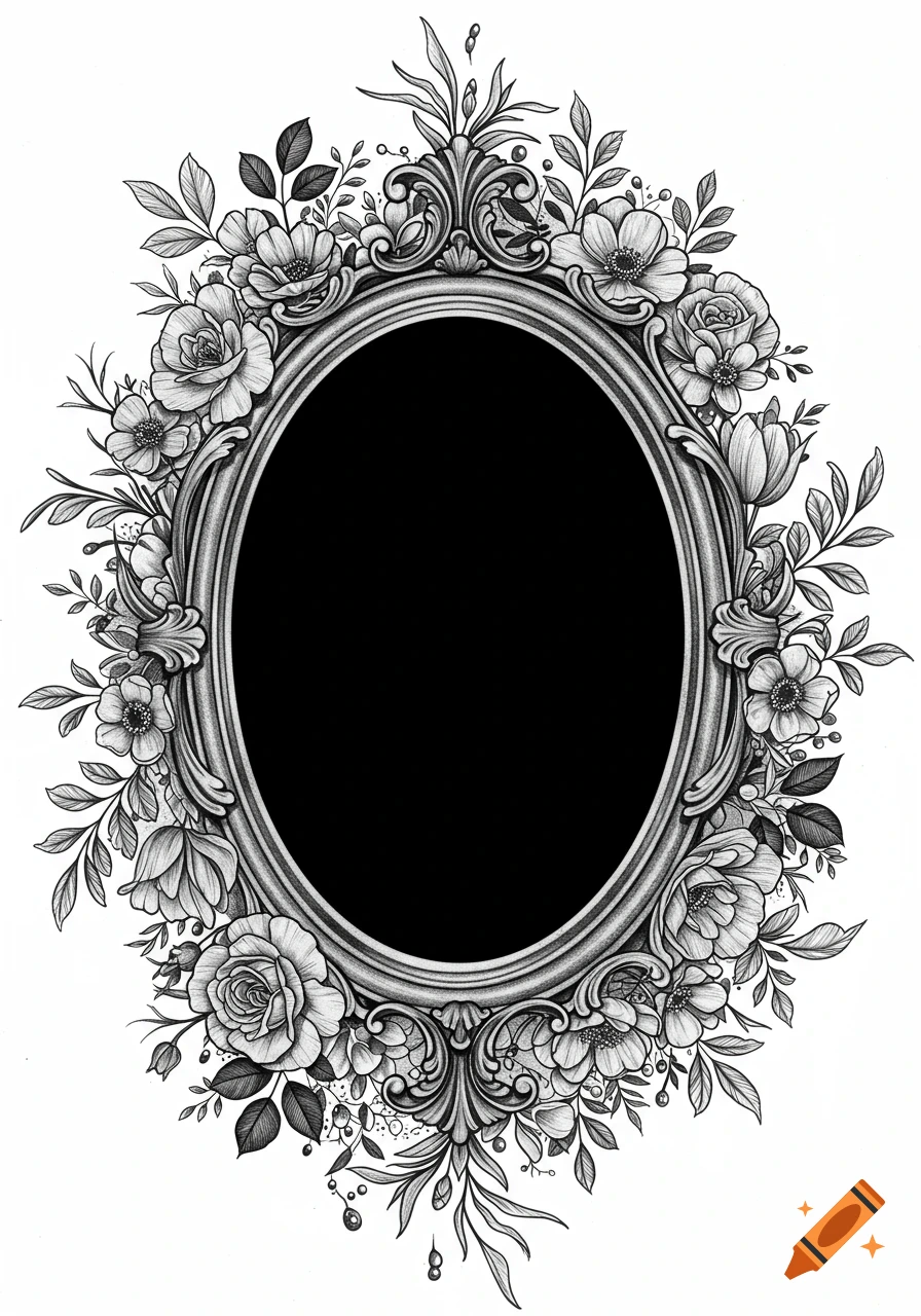 A black and white illustration of an antique oval frame surrounded by detailed flowers, leaves, and vines, designed as a tattoo.