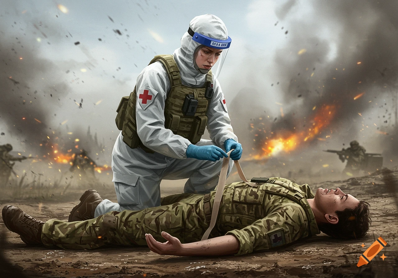 A digital painting of a medic in PPE kneeling to treat a soldier on the ground amidst a smoky, fiery combat zone.