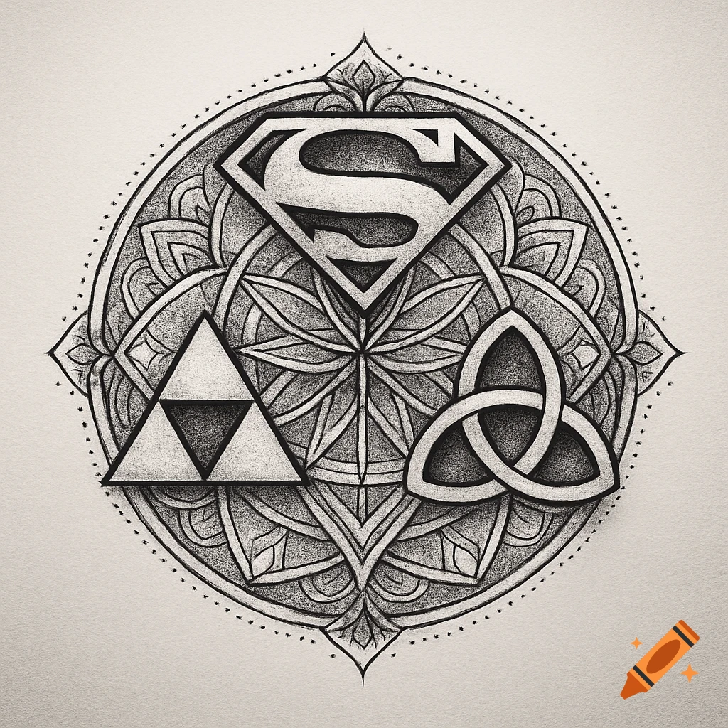 Black and white illustration of Superman, Triforce, and Celtic knot symbols in an intricate mandala design, resembling a tattoo concept.