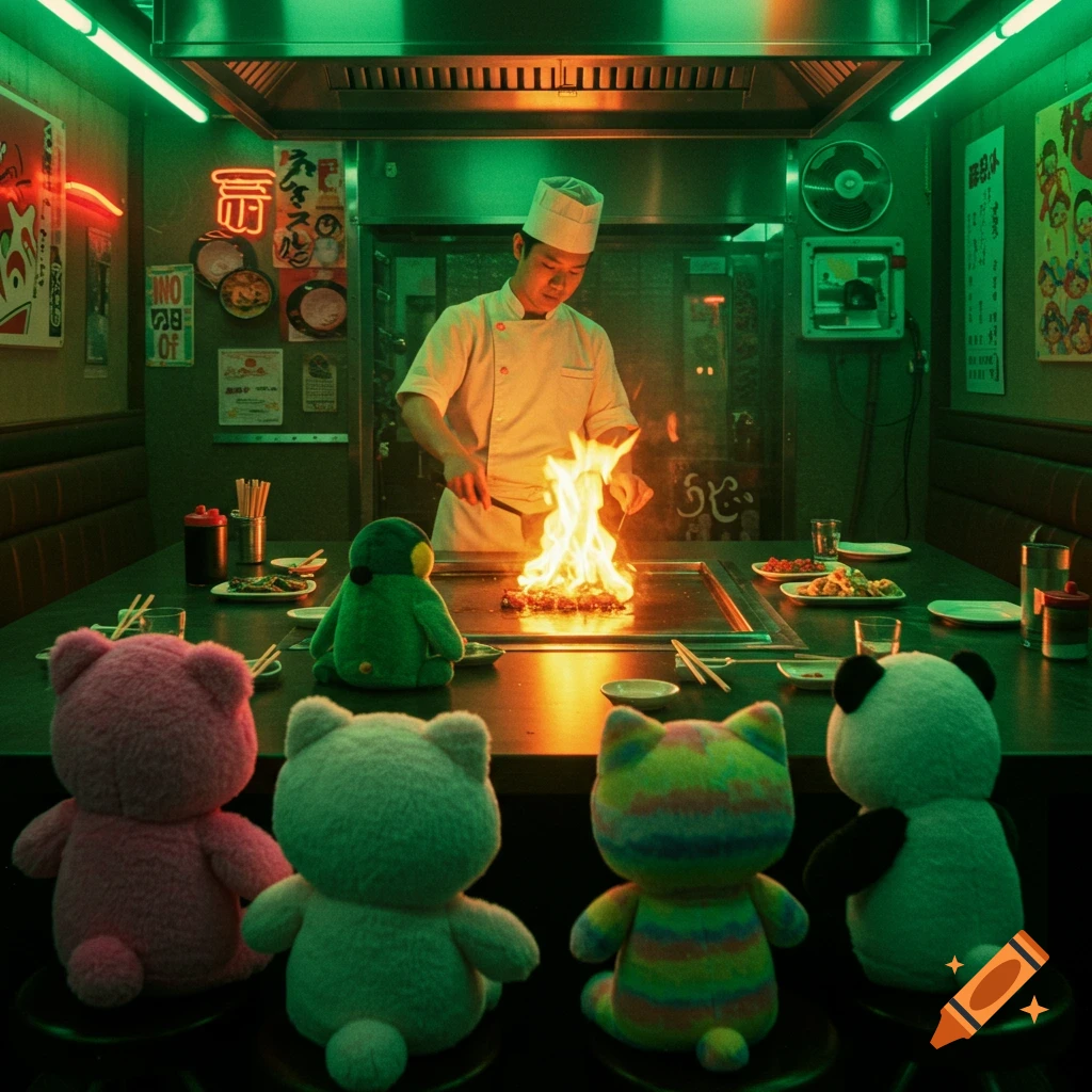 A chef cooks at a hibachi grill for a group of plush stuffed animals in a neon green, retro-futuristic Japanese restaurant.