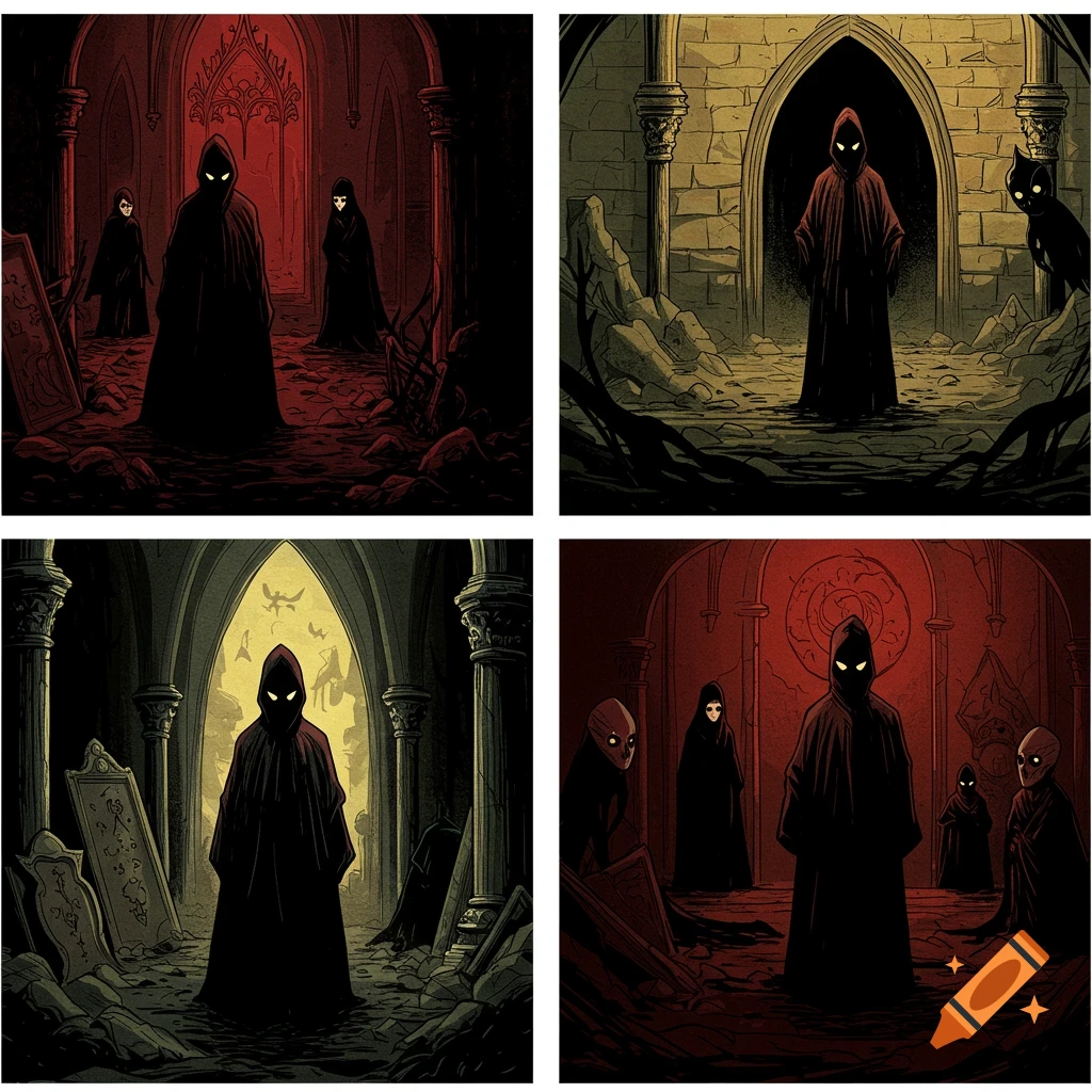 Four panels show dark, cloaked figures with glowing eyes in crumbling gothic ruins, in a stylized, high-contrast illustration.