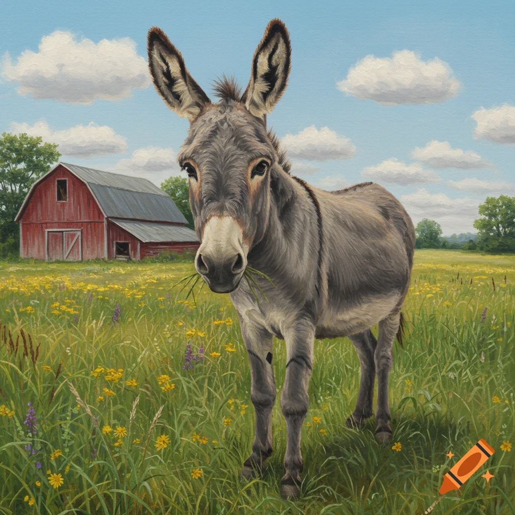 A painted gray donkey stands in a grassy field with wildflowers, a red barn in the background.