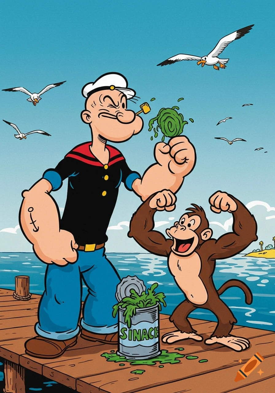 Popeye the Sailor stands on a wooden dock, feeding a flexing, muscular monkey spinach from an open can, with seagulls flying overhead.