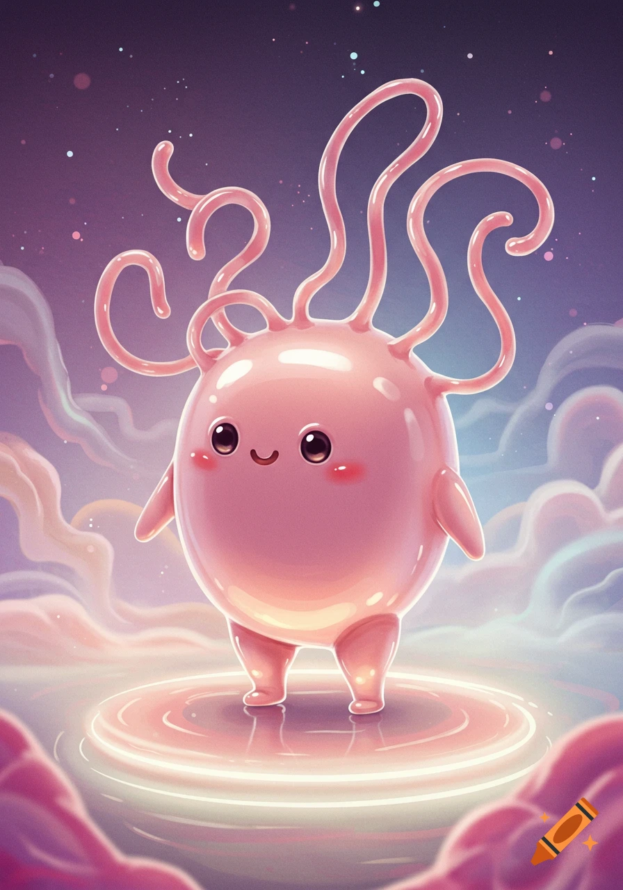 A cute, shiny pink blob character with tentacle-like 'hair', big eyes, and rosy cheeks stands on a glowing platform amidst clouds and stars.