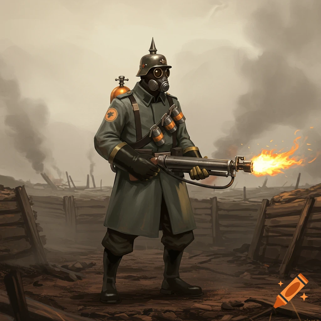 A soldier in a WWI-era German uniform and gas mask holds a flamethrower in a trench, fire spewing from its nozzle.