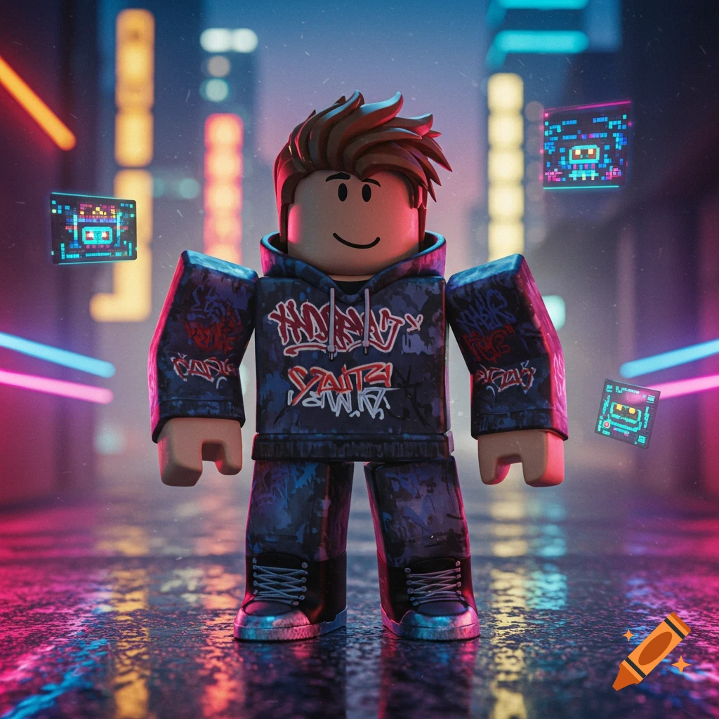 Roblox character in a graffiti hoodie standing on a wet neon-lit street with pixelated screens floating around.