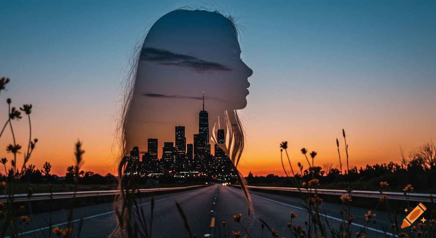 Double exposure of a woman's silhouette with a cityscape inside, set against an empty highway with wildflowers at sunset.
