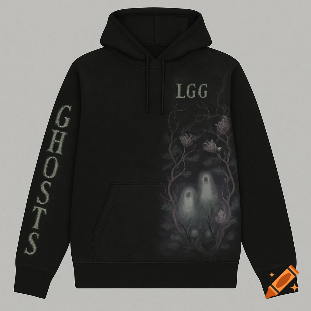 Black hoodie with gothic ghostly garden art, 'LGG' on chest, and 'GHOSTS' on sleeve.
