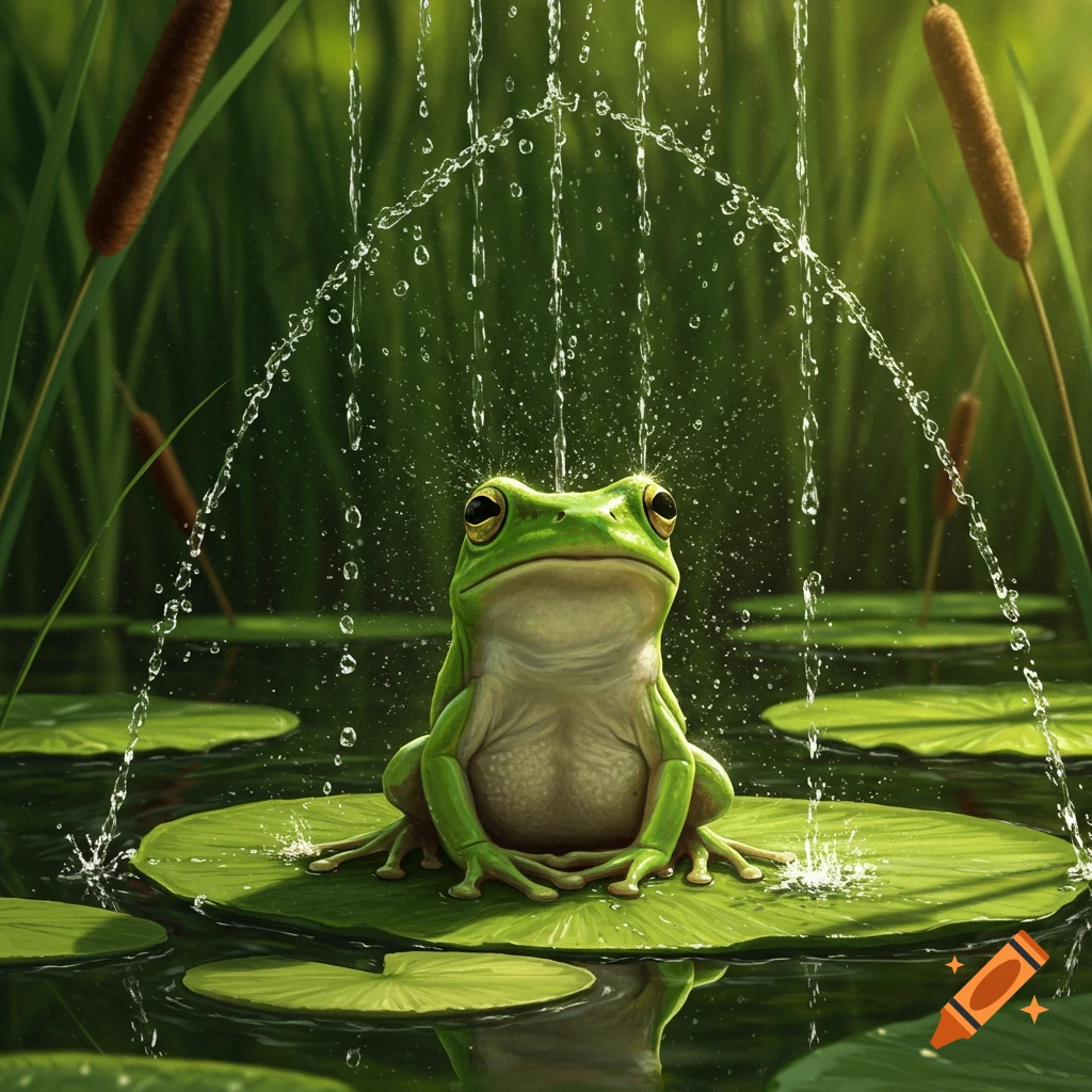 A photorealistic frog sits on a lily pad in a pond, getting sprayed by an arc of water. Cattails in the background.