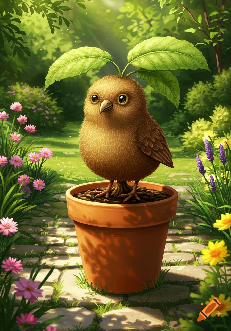 A cute brown fluffy bird-like creature with green leaves growing from its head stands in a terracotta pot in a sunlit garden.