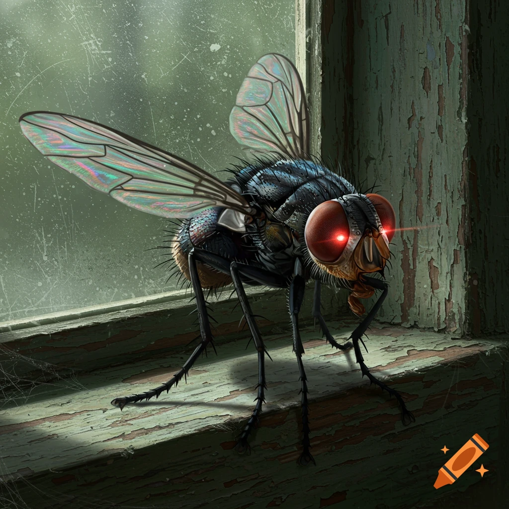 A close-up digital painting of a large, evil-looking housefly with glowing red eyes perched on a weathered window sill.