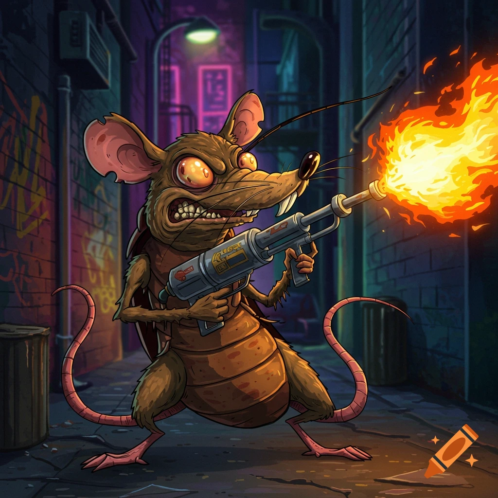 Cartoon mutant rat-cockroach holding a flamethrower in a dark alley with glowing neon signs.