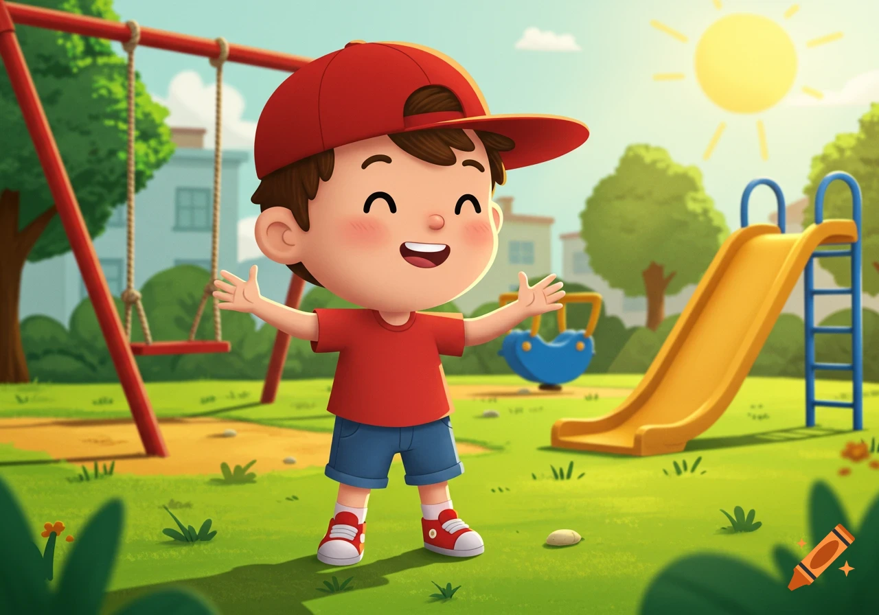 A happy cartoon boy in a red cap and shirt stands in a sunny playground with a swing set and slide.