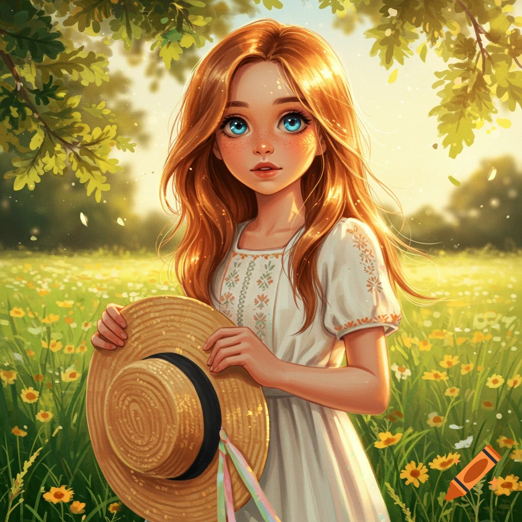 Illustrated anime-style girl with red hair and blue eyes, holding a straw hat in a sunny field of flowers.