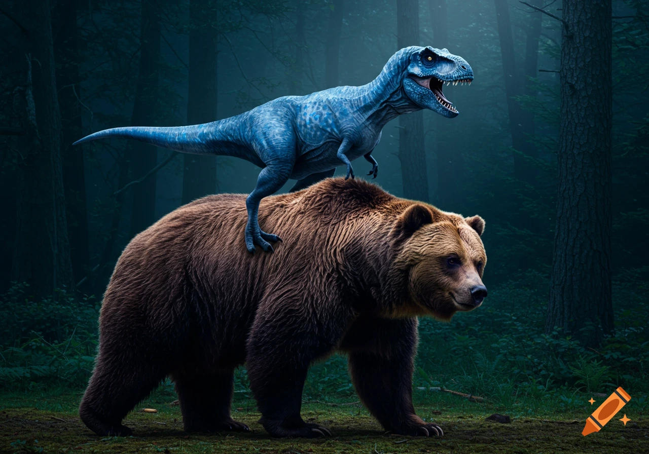 A blue tyrannosaurus rex rides a brown bear through a dark, misty forest in a photorealistic style.