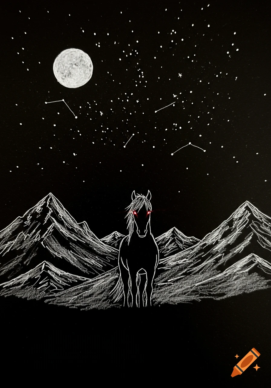 White pencil sketch of a horse with glowing red eyes in a mountainous landscape under a starry night sky with a moon.