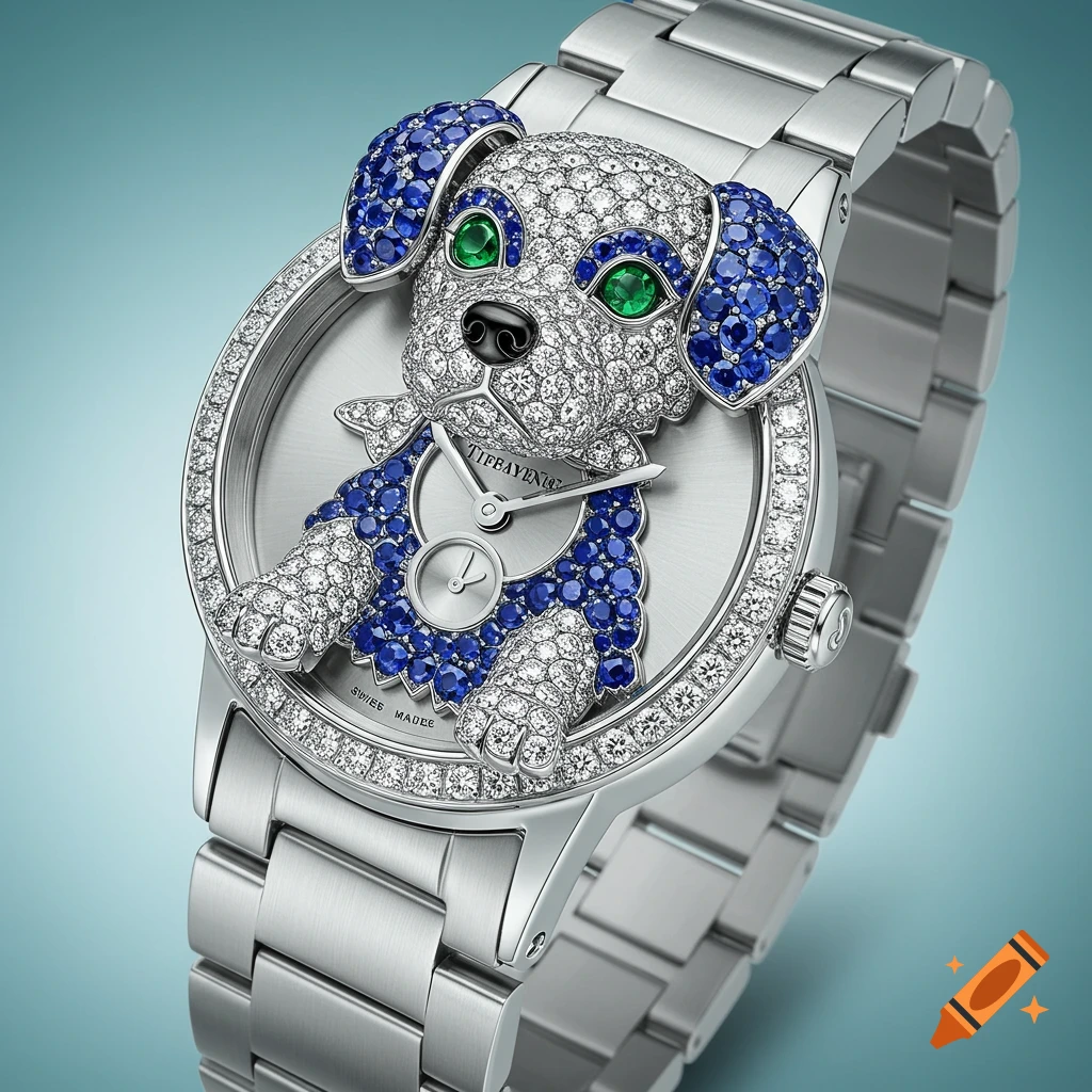 A luxurious silver watch featuring a jeweled dog made of white and blue gemstones, with green eyes, on a light blue background.