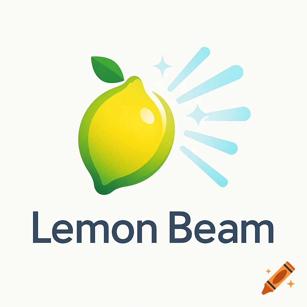 A vibrant logo featuring a shining lemon with a green leaf and light blue radiating beams, with the text 'Lemon Beam' below it.