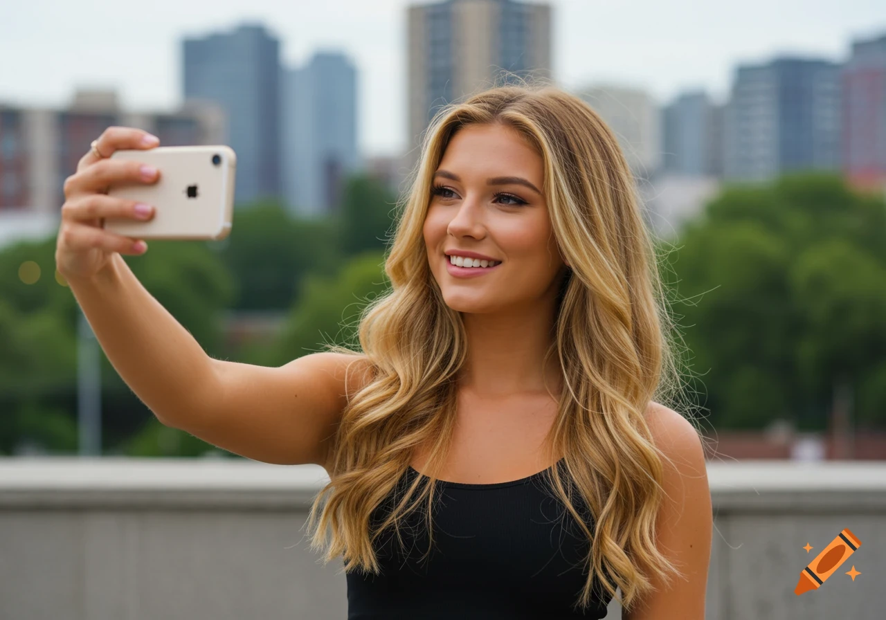 A smiling blonde woman takes a selfie with a smartphone against a blurred city background.