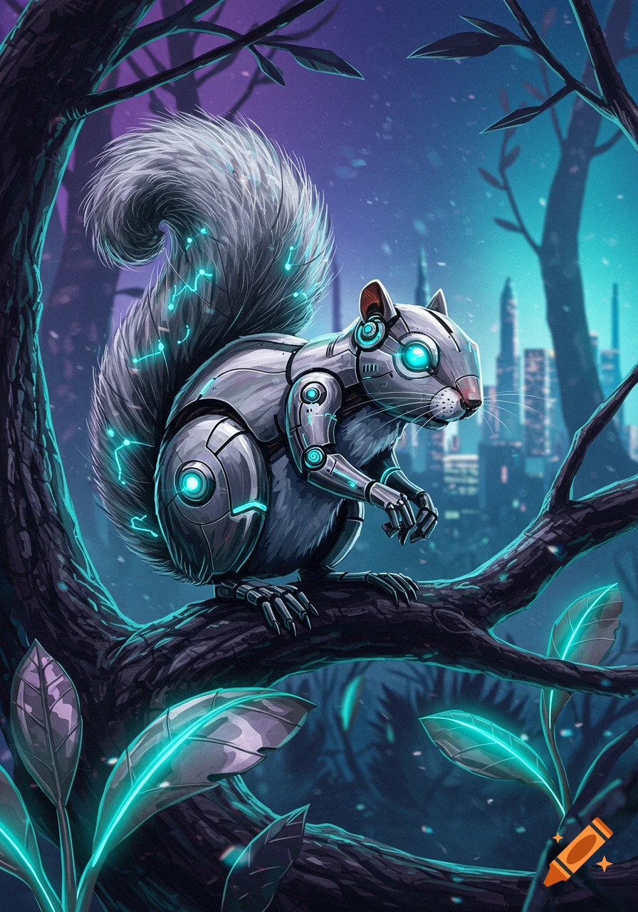 A stylized digital art illustration of a robotic squirrel with glowing blue eyes perched on a tree branch against a futuristic city.