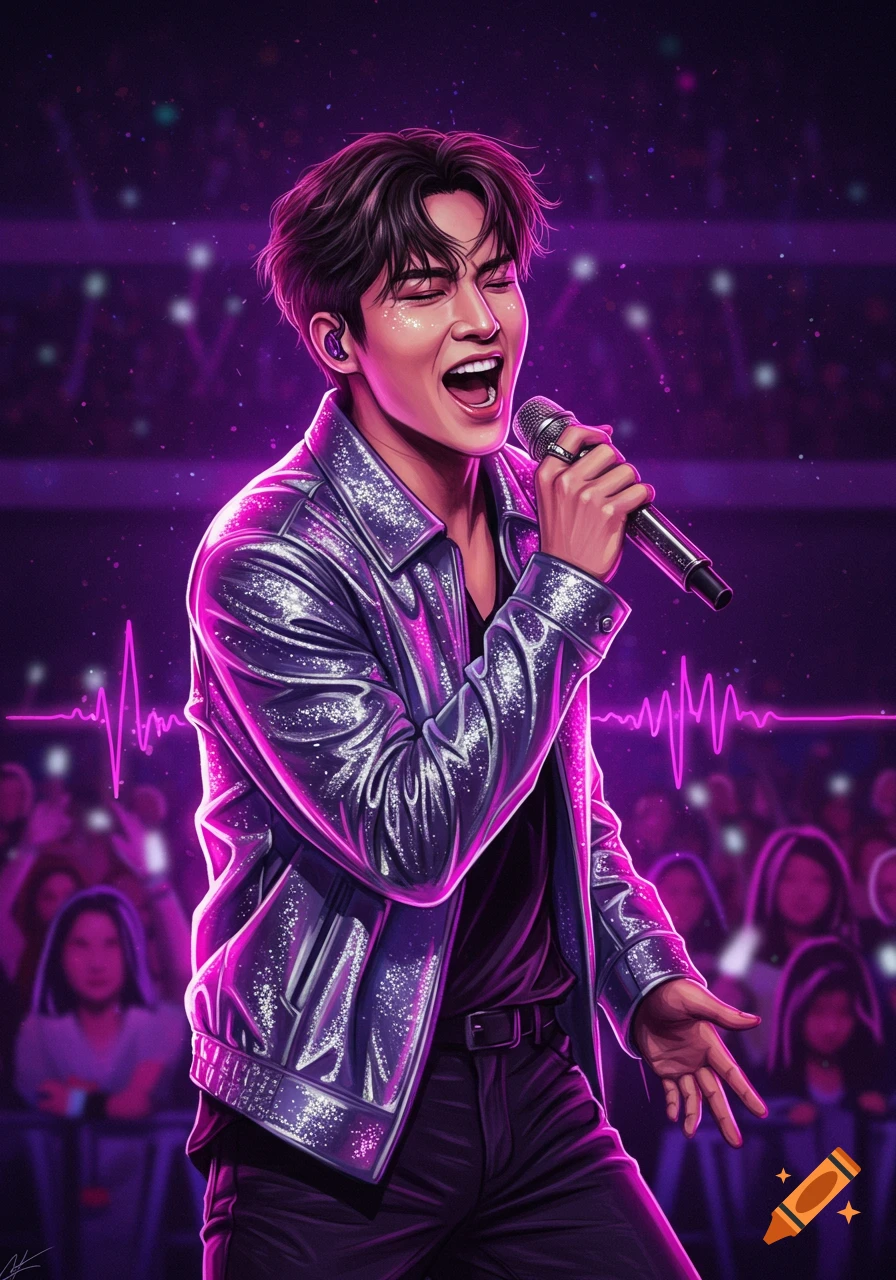 Digital illustration of an Asian man singing into a microphone on a concert stage with purple lights and a sparkly jacket.
