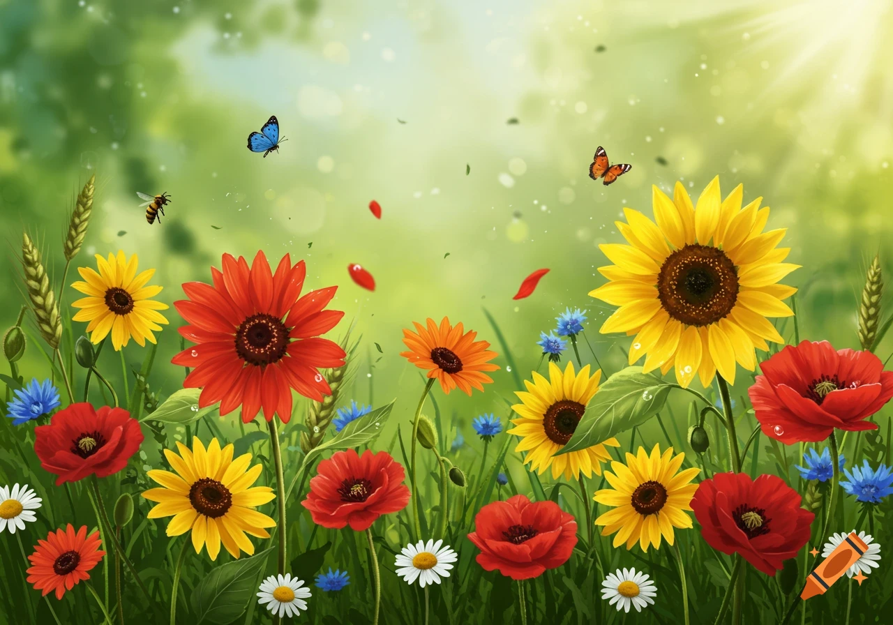 Vibrant field of colorful flowers including sunflowers, poppies, and daisies, with butterflies, a bee, and sunlight.