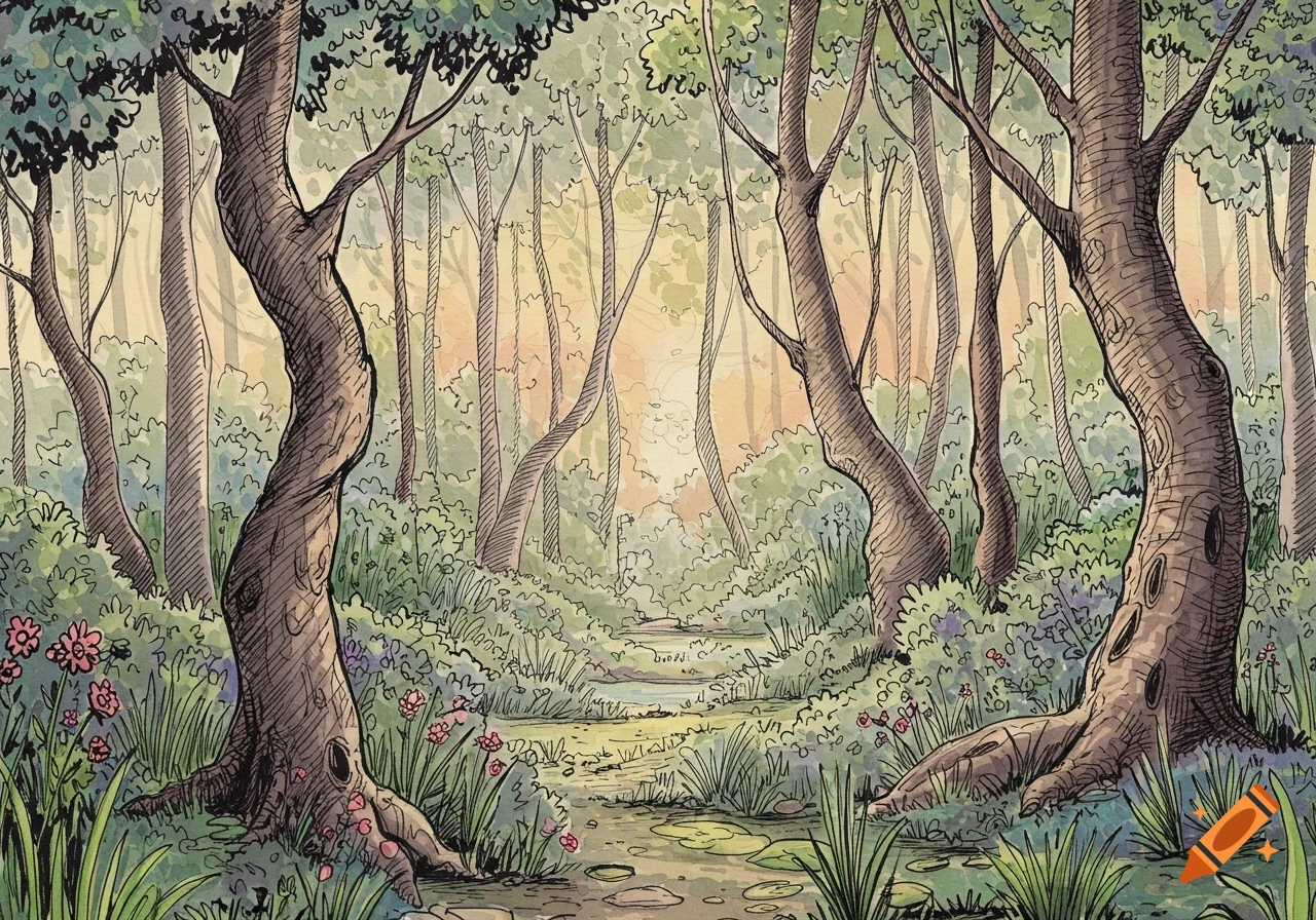 A vibrant illustration of an enchanted forest with twisting trees, lush foliage, colorful flowers, and a path leading to a shimmering pond, in a Fauvist style.