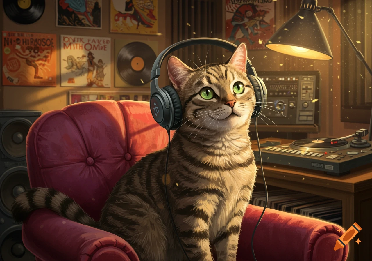 A tabby cat with green eyes sits on a red armchair, wearing headphones and looking up. In the background are vinyl records, a turntable, and a lamp.