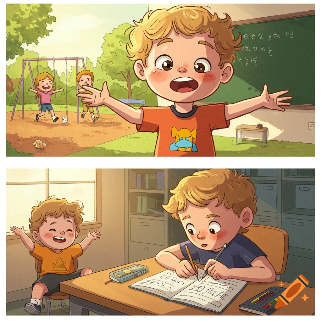 A cartoon boy in two panels: first, playing outside with friends on swings; second, studying at a desk and another boy sitting.