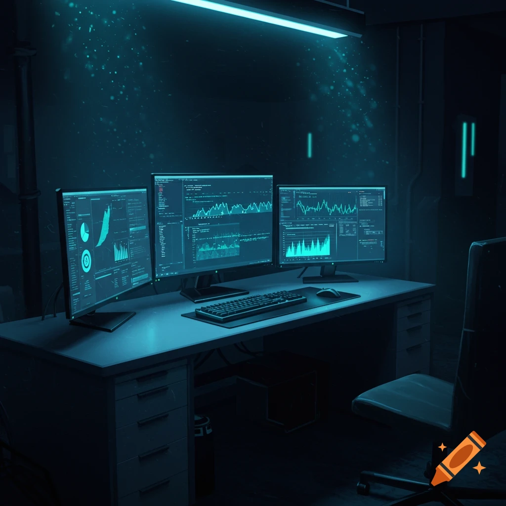 A dark, high-tech room with three computer monitors displaying glowing blue charts and code on a desk.