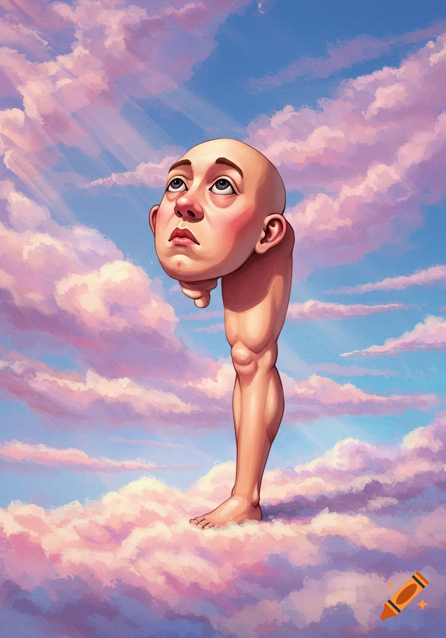 A bald human head attached to a muscled leg, floating among pink and purple clouds in a blue sky with sun rays.