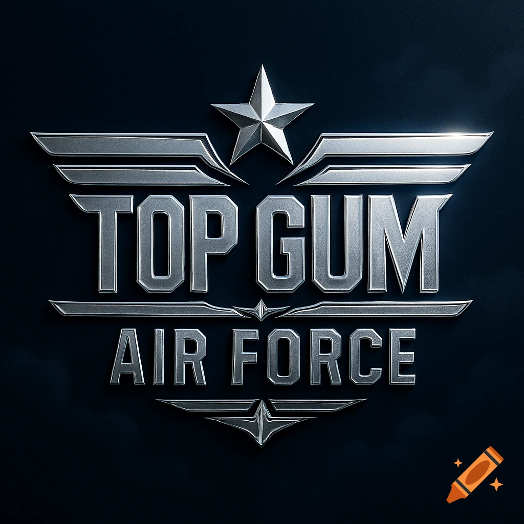 A metallic silver logo featuring the words 'TOP GUM' and 'AIR FORCE' with wings and a star design on a dark background.