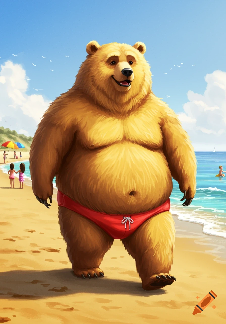 A cartoon chubby brown bear wearing red speedos walks on a sunny beach.