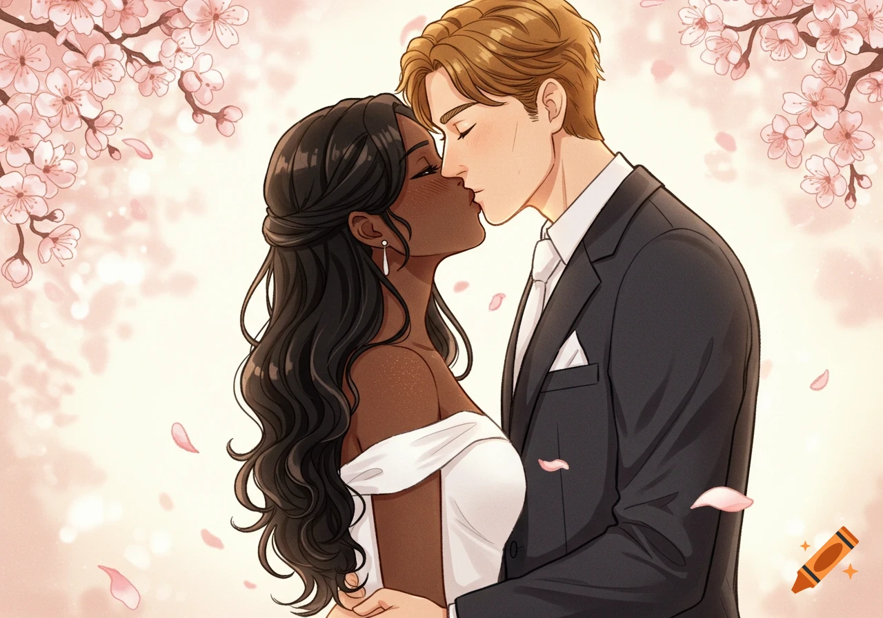 Manga-style drawing of a man and woman in wedding attire kissing under cherry blossoms.