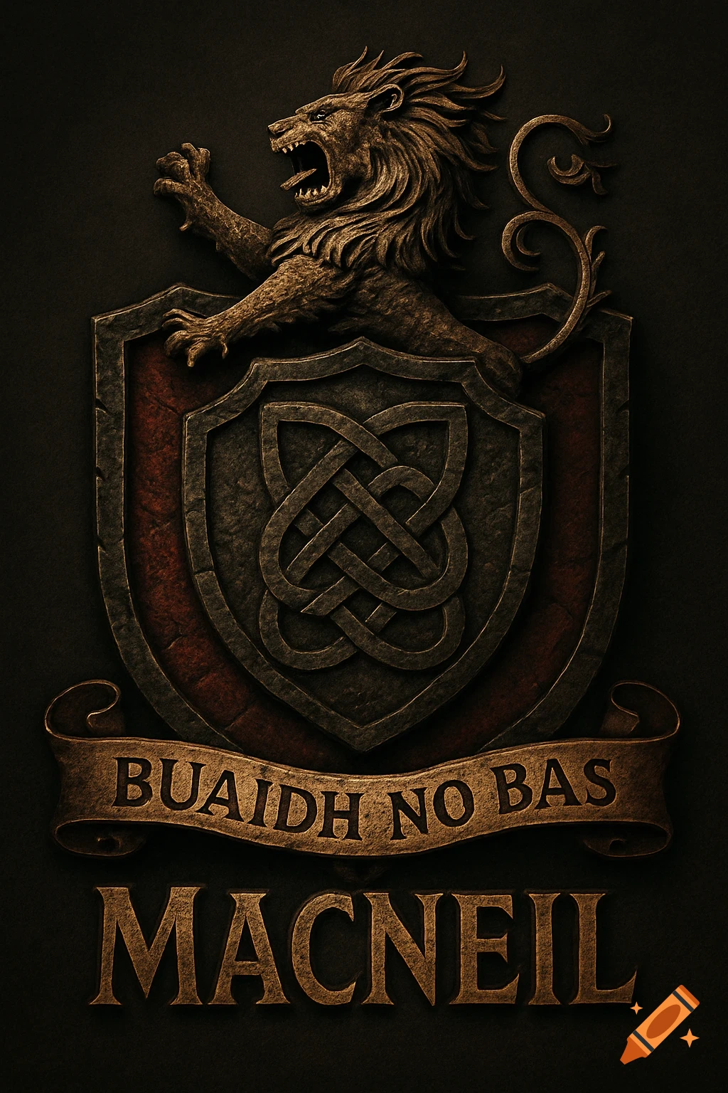 A stylized, dark bronze-toned MacNeil Coat of Arms featuring a rampant lion on a shield with a Celtic knot, and banners reading 'BUAIDH NO BAS' and 'MACNEIL'.