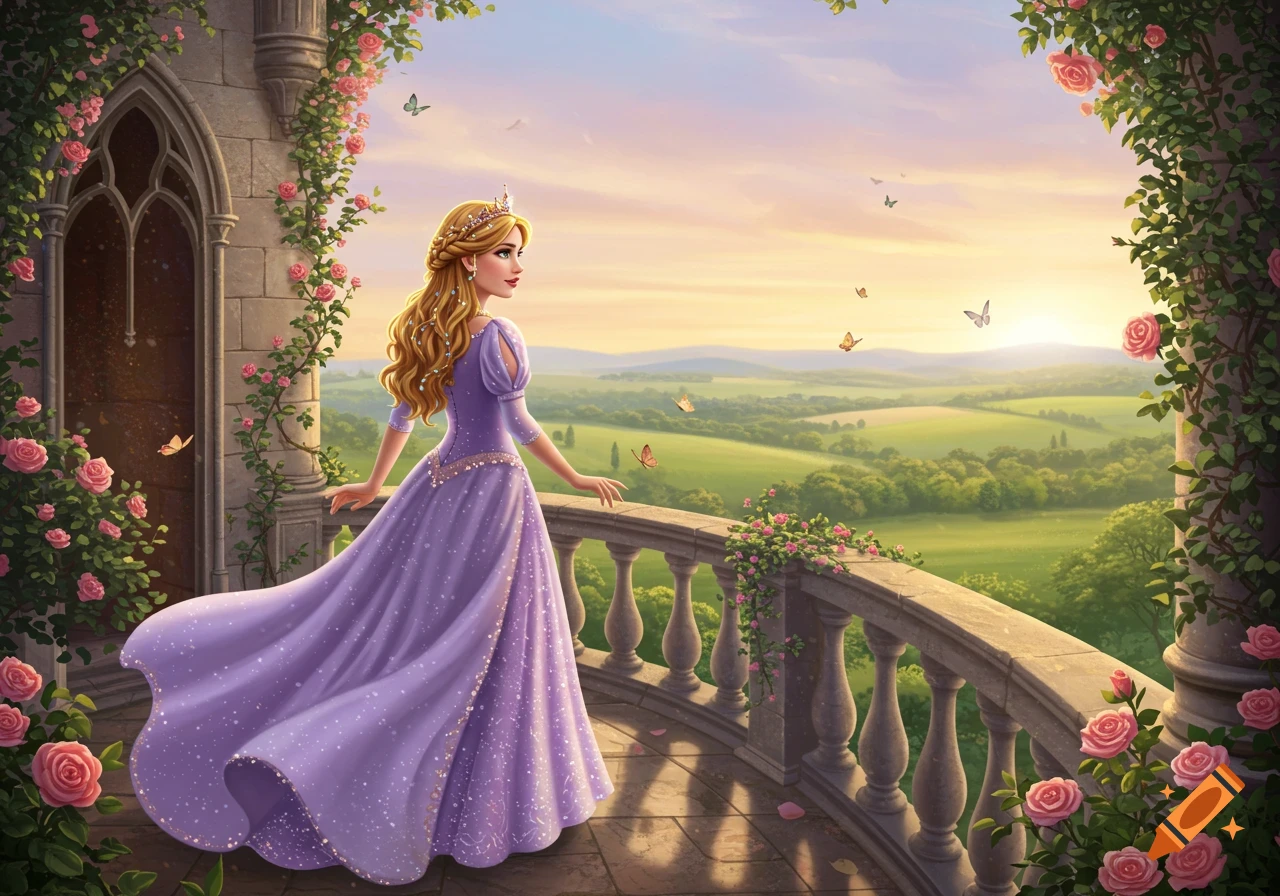 An illustrated princess in a purple dress stands on a rose-covered castle balcony, looking at a sunny, rolling green landscape with butterflies.