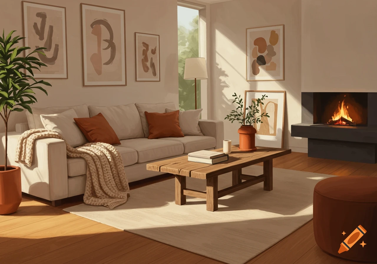 A cozy, sunlit modern living room with a beige sofa, wooden coffee table, fireplace, plants, and abstract wall art.