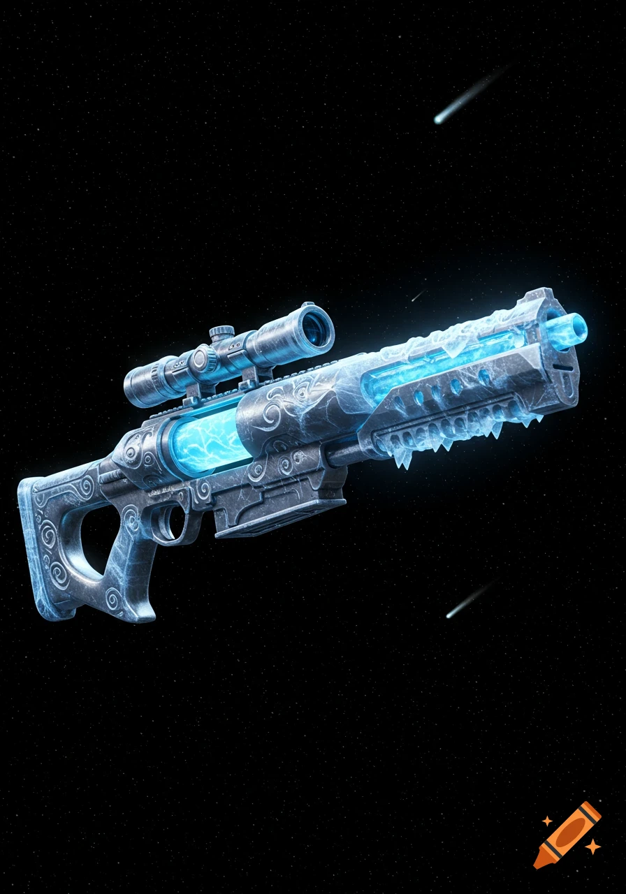 A stylized sci-fi ice sniper rifle with a glowing blue core in a starry space background with shooting stars.