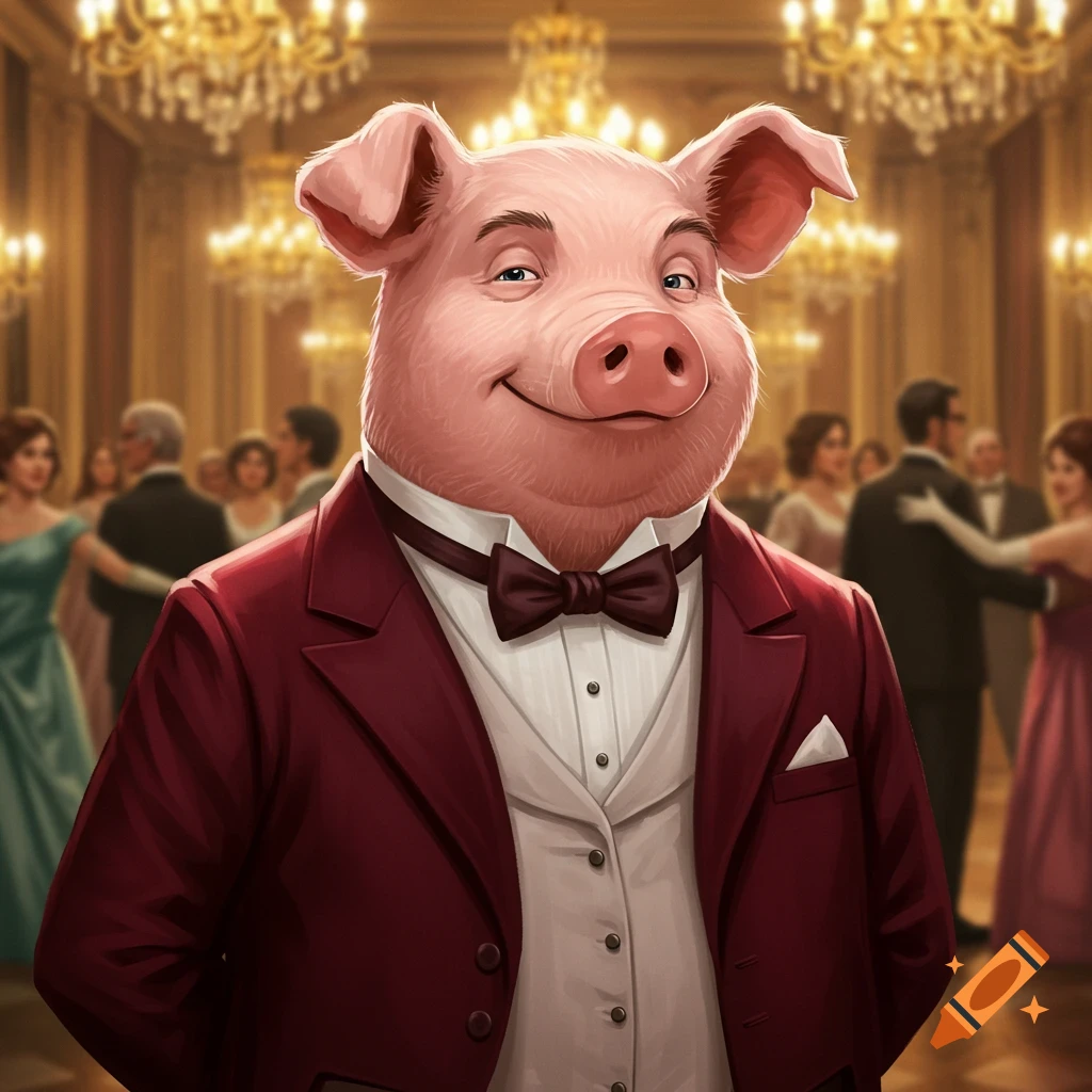 A smiling anthropomorphic pig in a red tuxedo, white shirt, and bow tie, standing in a grand ballroom with dancers in the background.
