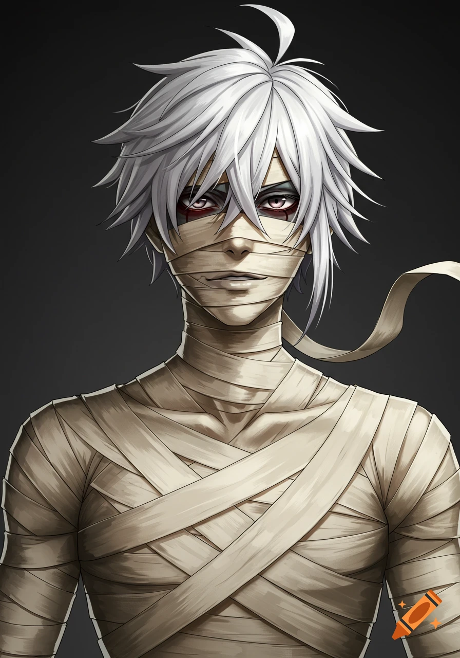 Anime-style portrait of a male character with white spiky hair, wrapped in bandages, and red markings under his eyes.