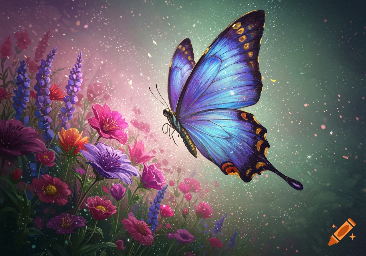 A vibrant blue and purple butterfly flies amidst colorful flowers with sparkling light in a fantasy style.