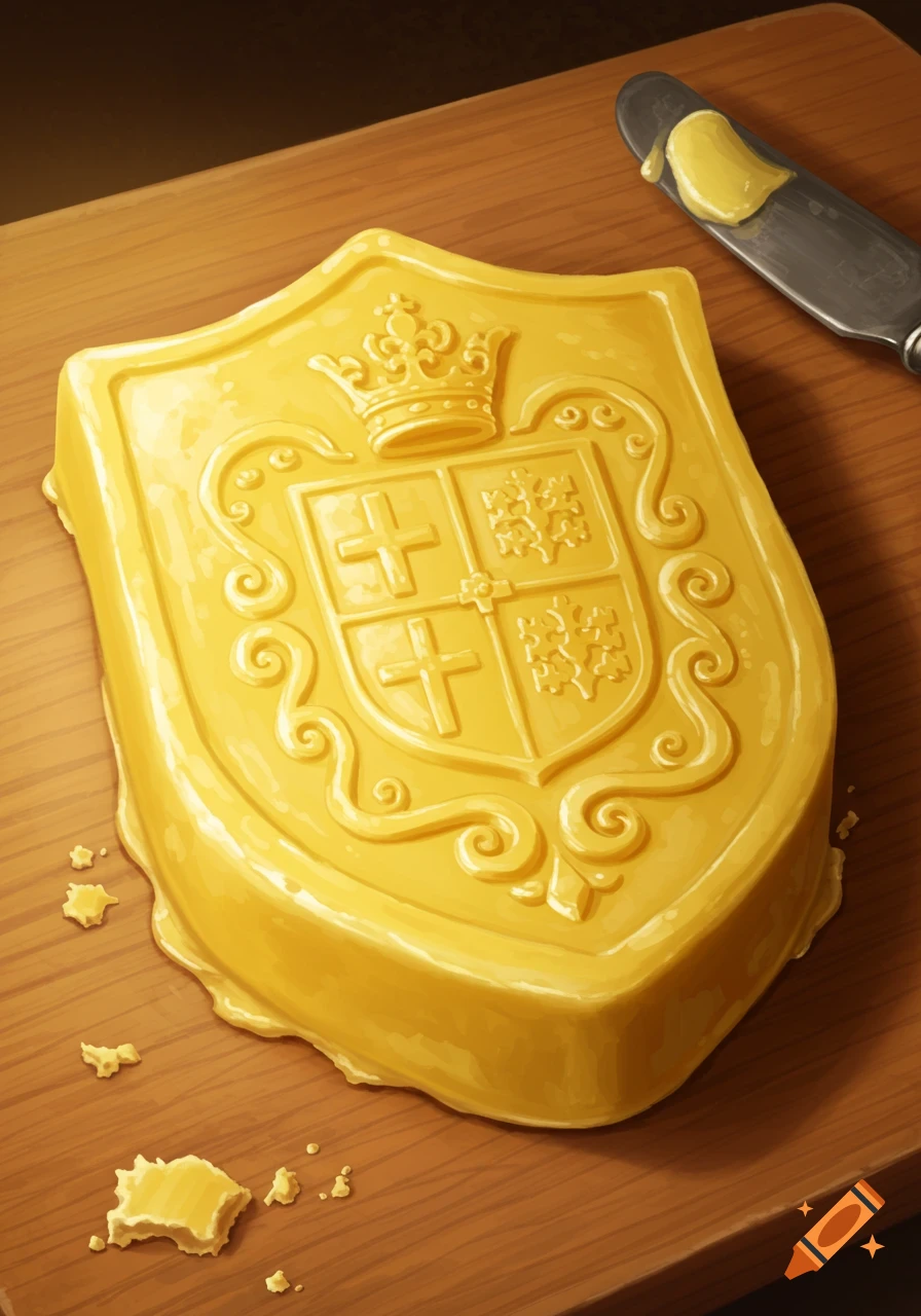 A detailed pat of golden butter shaped like a shield with a crown and emblems, sitting on a wooden board next to a butter knife.