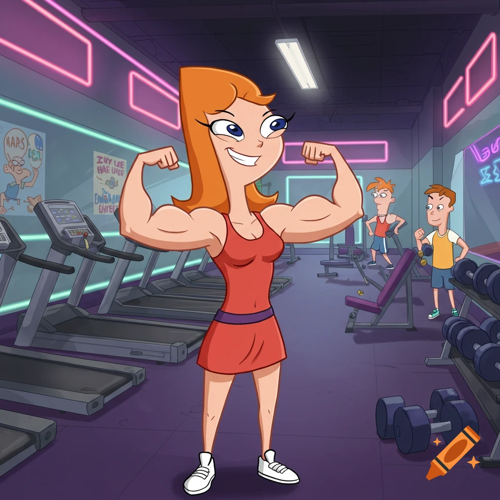 Candace from Phineas and Ferb, a tall redhead woman in a red dress, flexes her biceps in a gym with exercise equipment.
