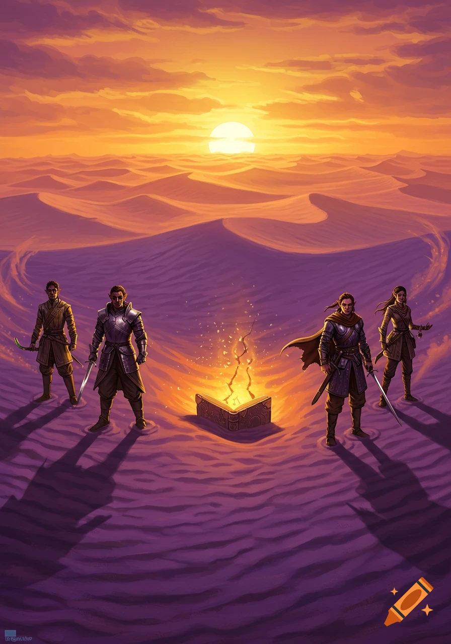 Four fantasy adventurers stand in a purple desert at sunset around a glowing, partially buried tome.