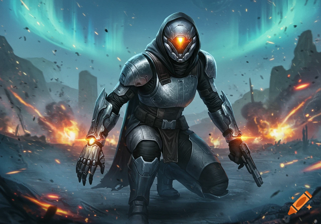 A futuristic armored hunter from Destiny 2 kneels in a battle-torn landscape with explosions, one hand glowing.